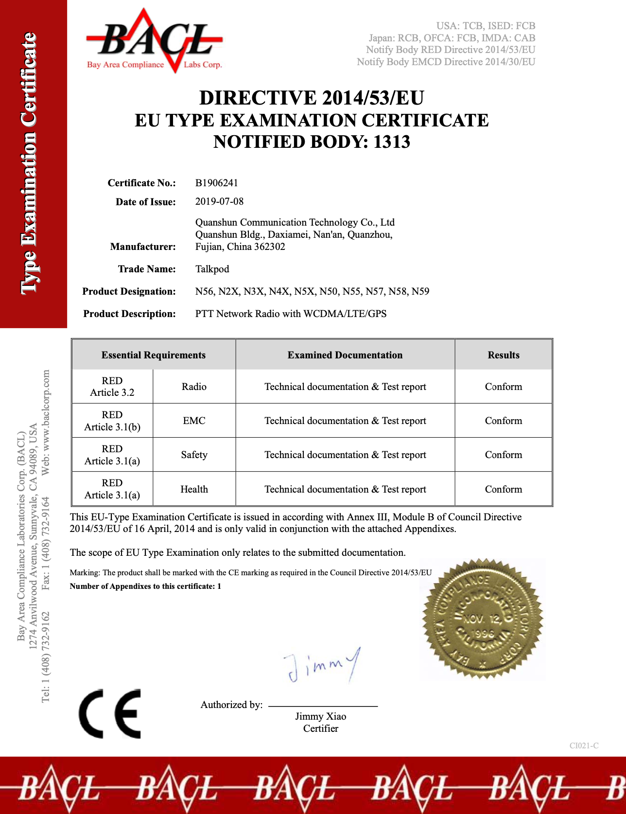 TALKPOD POC N5X CE CERTIFICATES AND REPORTS