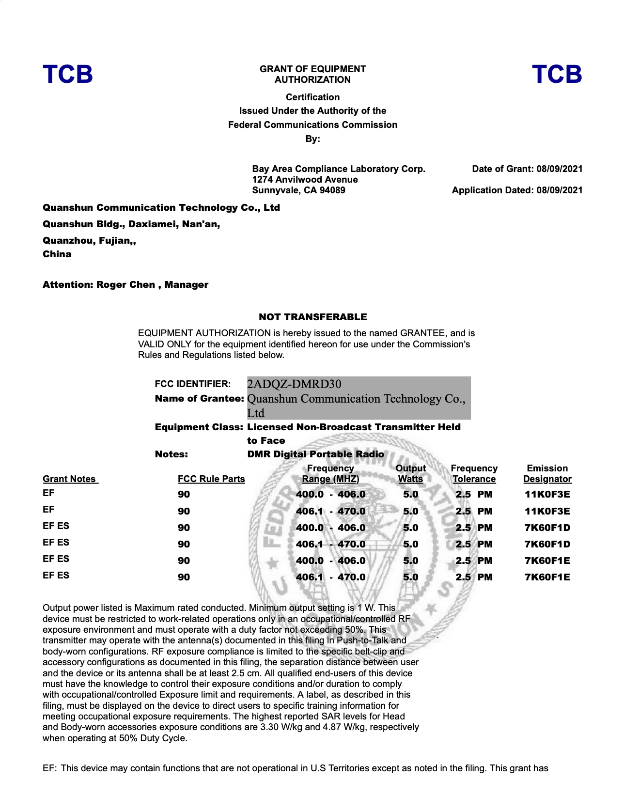 TALKPOD DMR D30 2ADOZ-DMRD30 FCC CERTIFICATES AND REPORTS