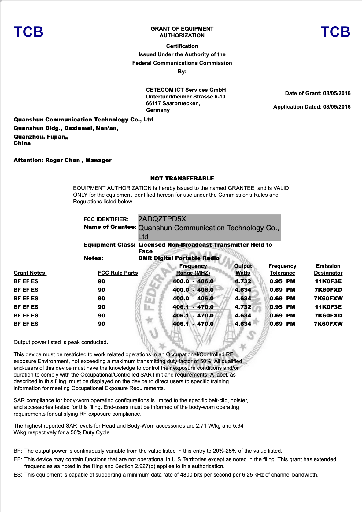 TALKPOD DMR D5 Series 2ADQZTPD5X FCC CERTIFICATES AND REPORTS