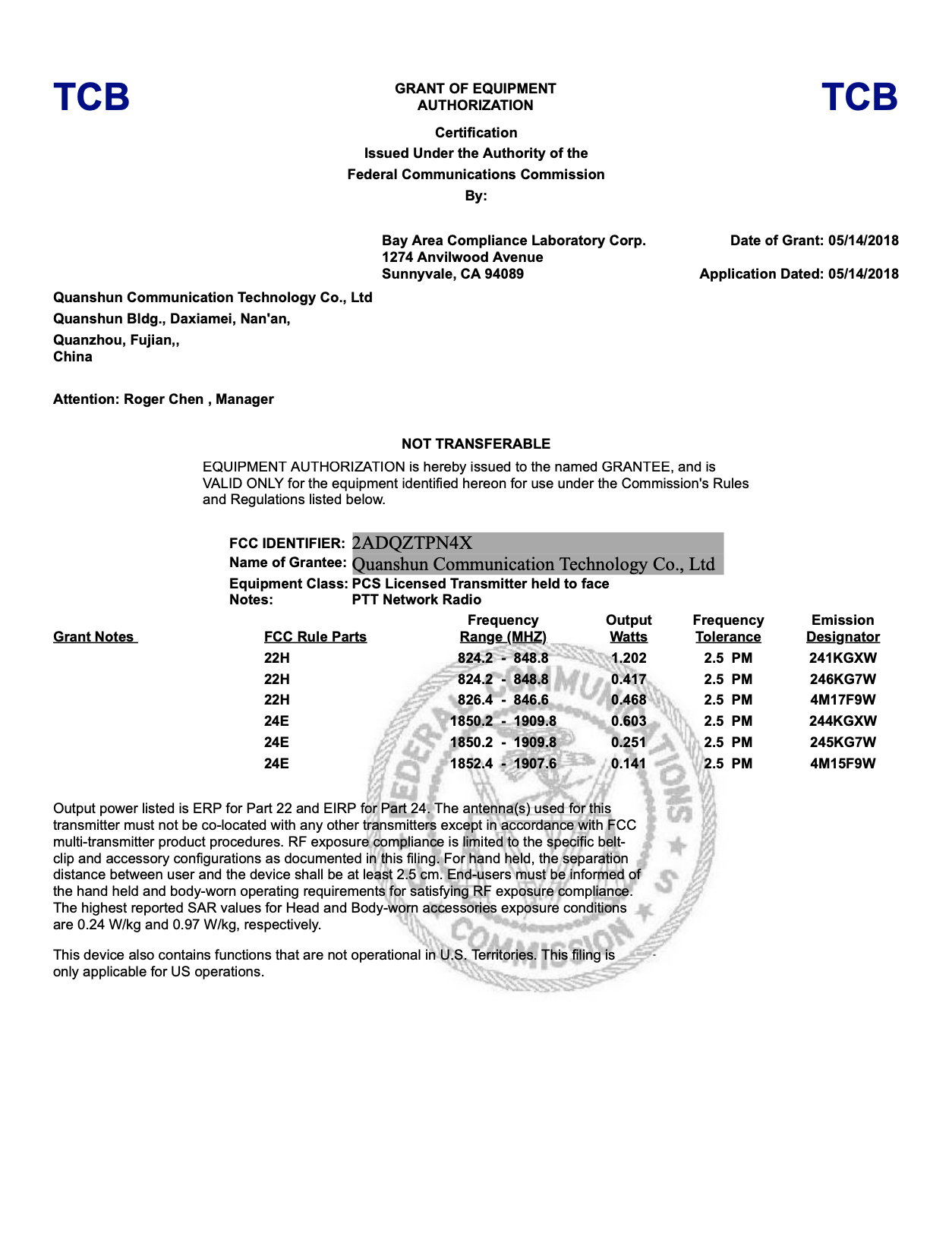 TALKPOD POC N4 SERIES 2ADQZTPN4X FCC CERTIFICATES AND REPORTS