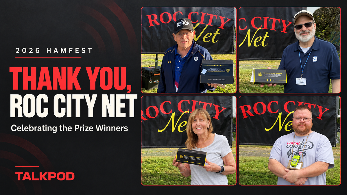 Thank you, ROC CITY NET: a 2026 hamfest cover featuring four Talkpod door-prize recipients.