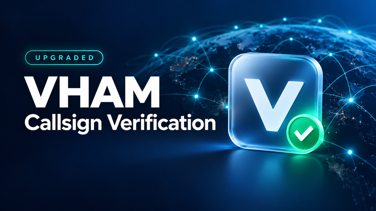 VHAM Callsign Verification upgraded, illustrated with a V identity badge and verification check.
