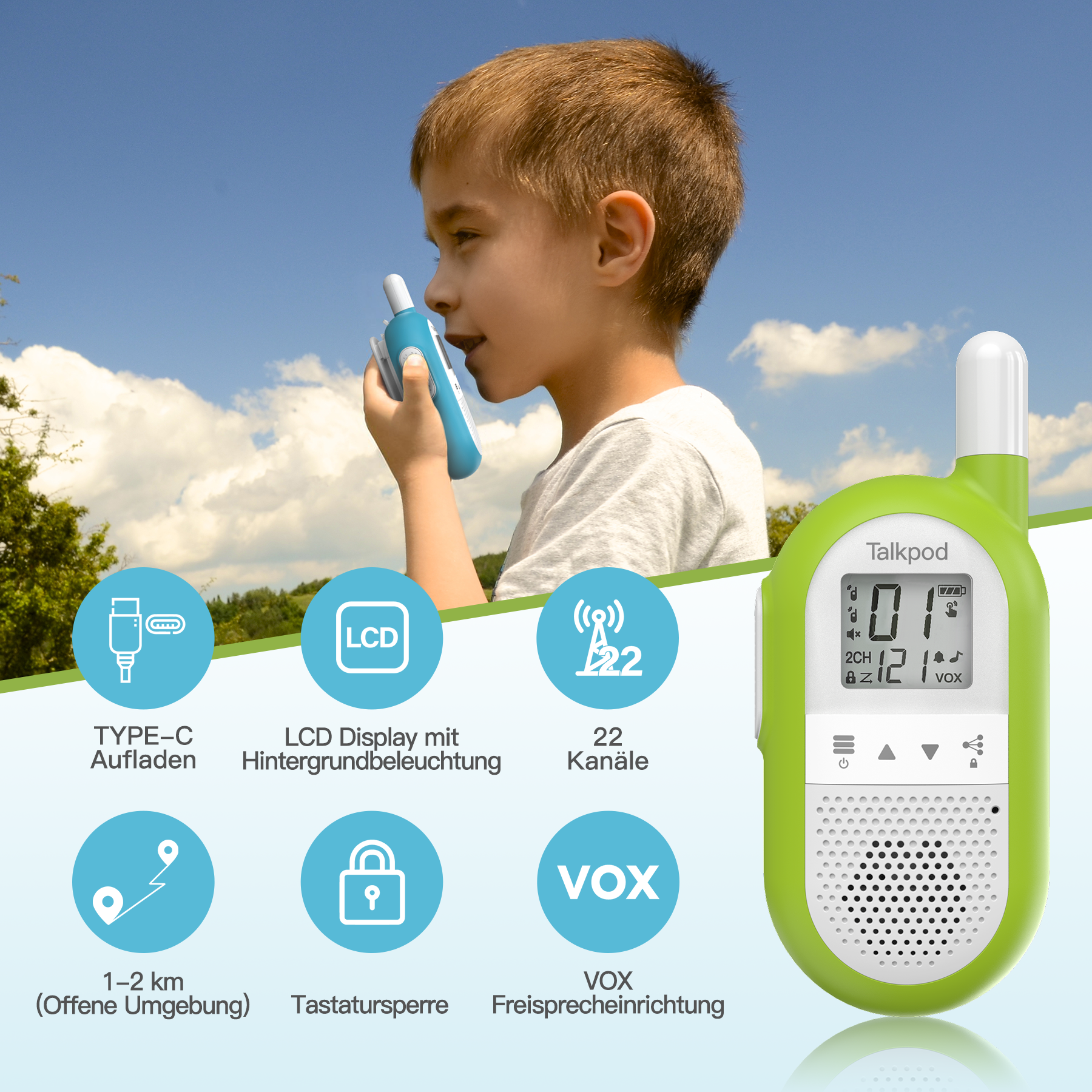 Talkpod F40 PMR446 Walkie-talkies Triple Pack (Bright Green/Blue/Orange and White)