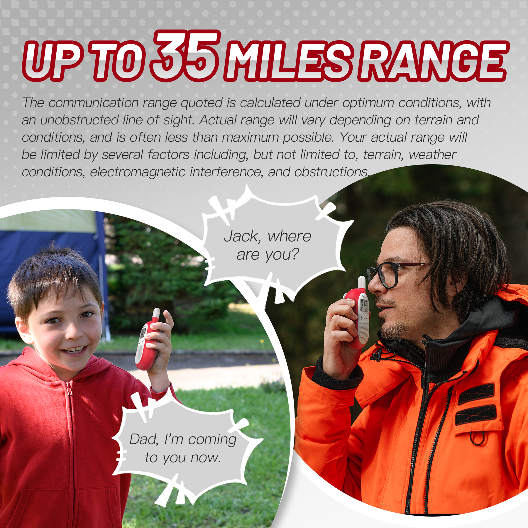 Talkpod F40 FRS Emergency Walkie Talkies with NOAA Weather Channels and Alerts (Dual Pack) Red and White