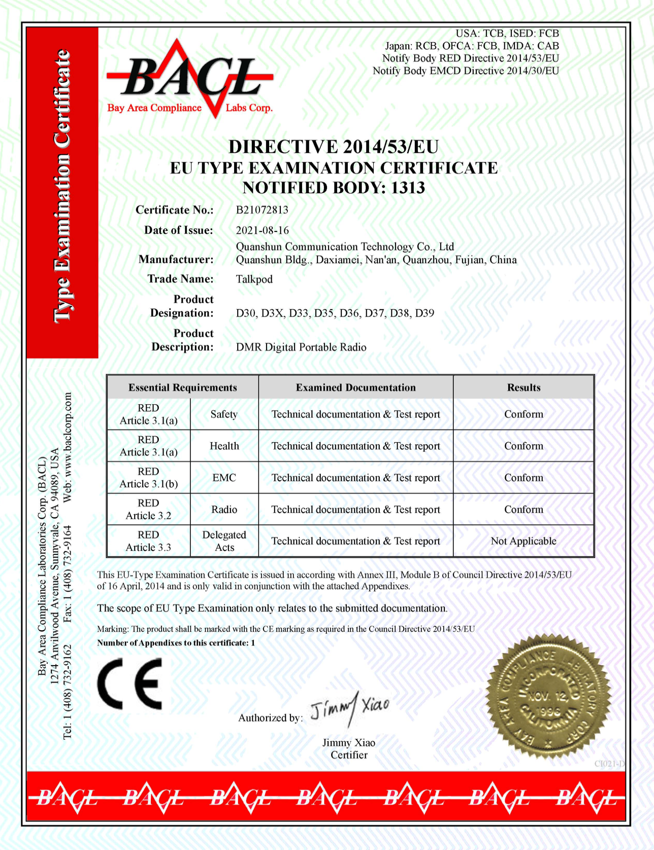 Talkpod DMR D30 CE Certificates and Reports