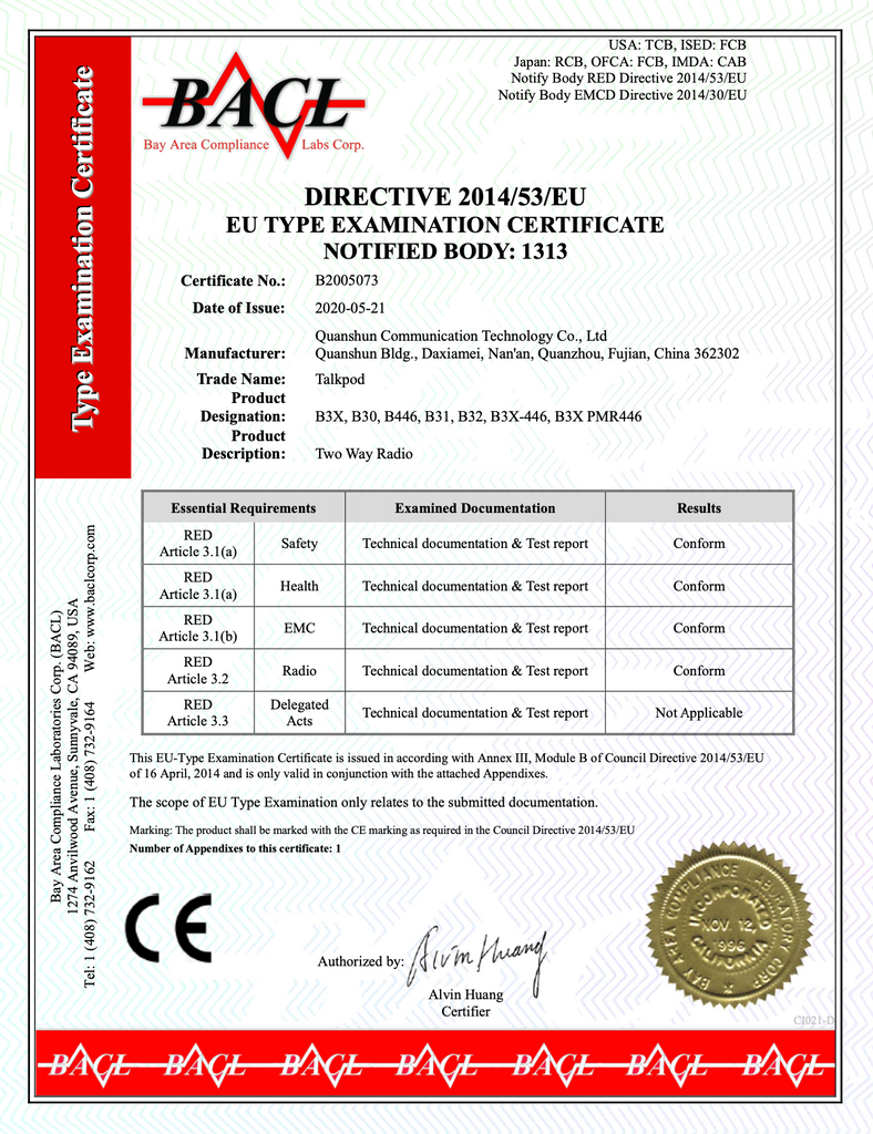 TALKPOD DMR B30LF PMR446 CE CERTIFICATES AND REPORTS