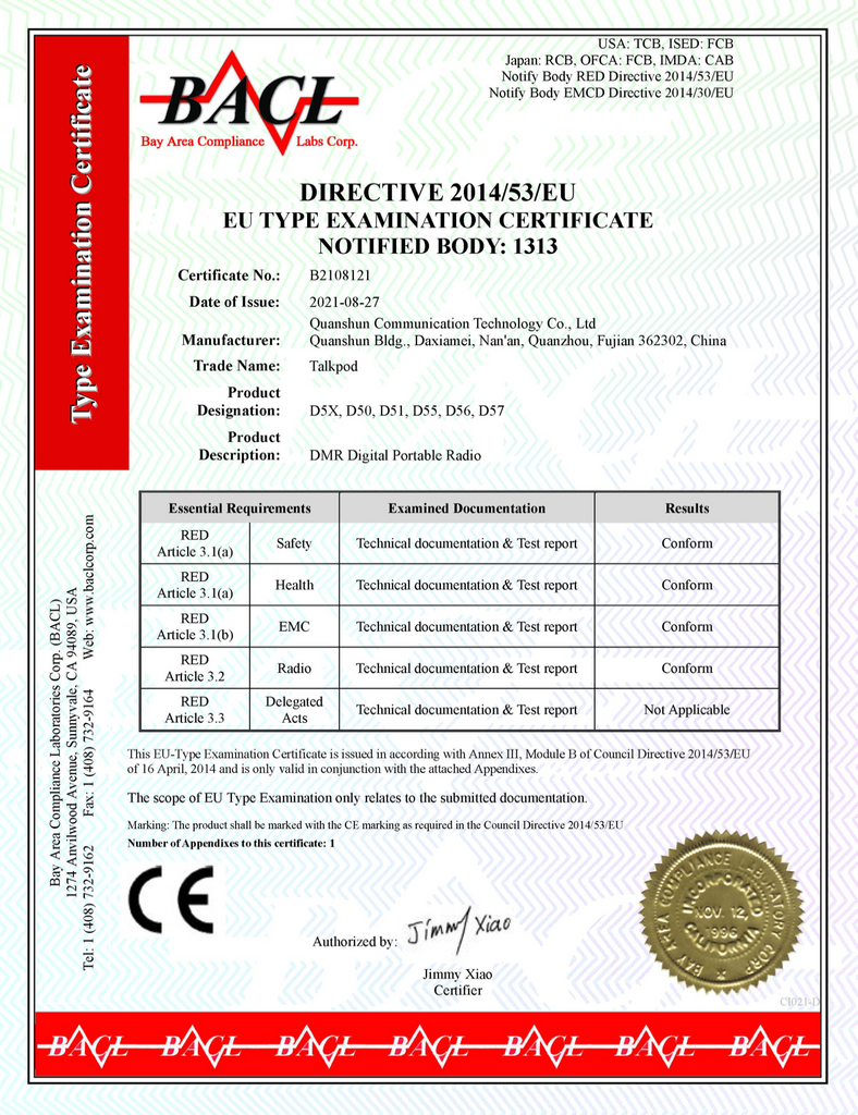 TALKPOD DMR D5X CE CERTIFICATES AND REPORTS