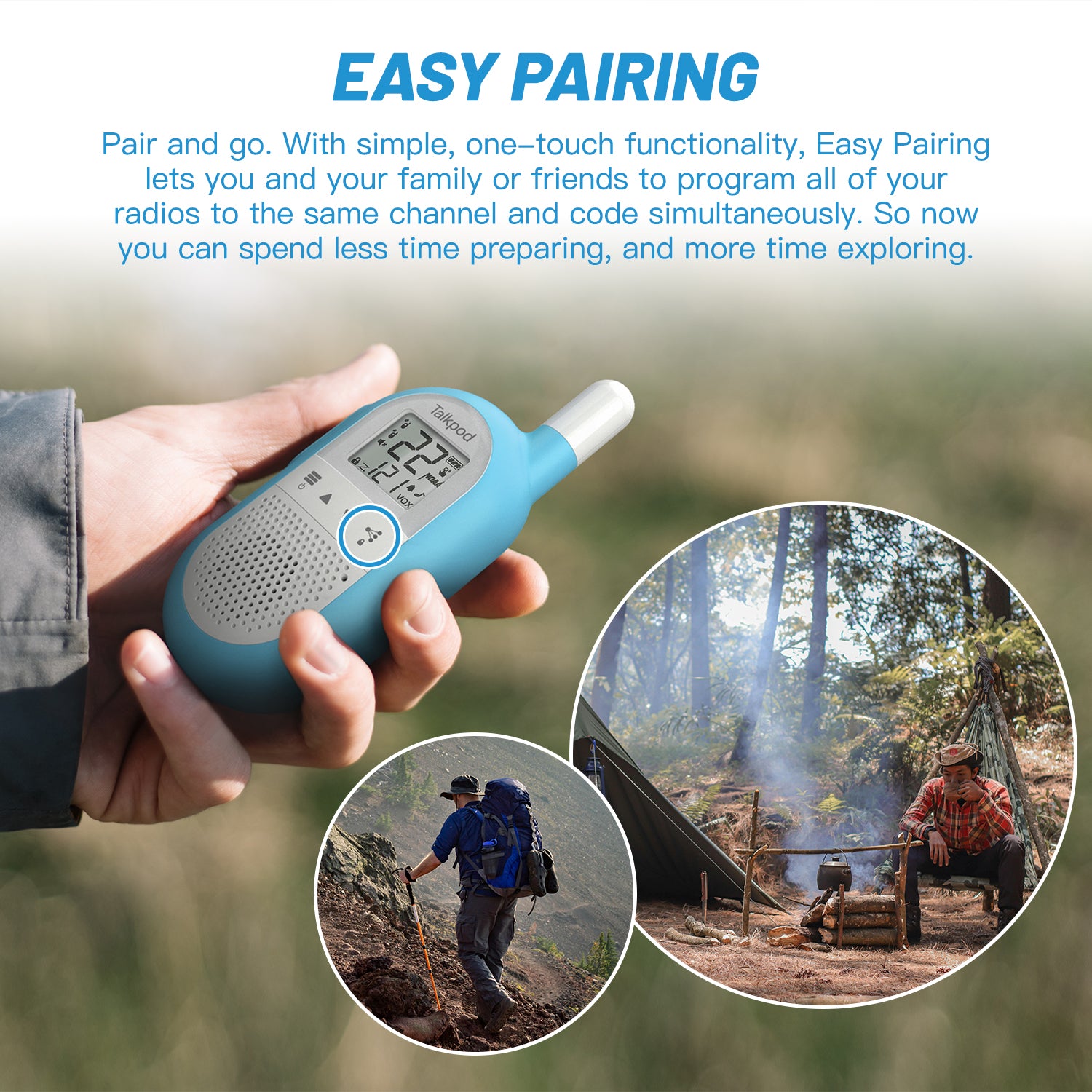 Talkpod F40 FRS Family Walkie Talkies (Triple Pack) Bright Blue/Green/Orange and White