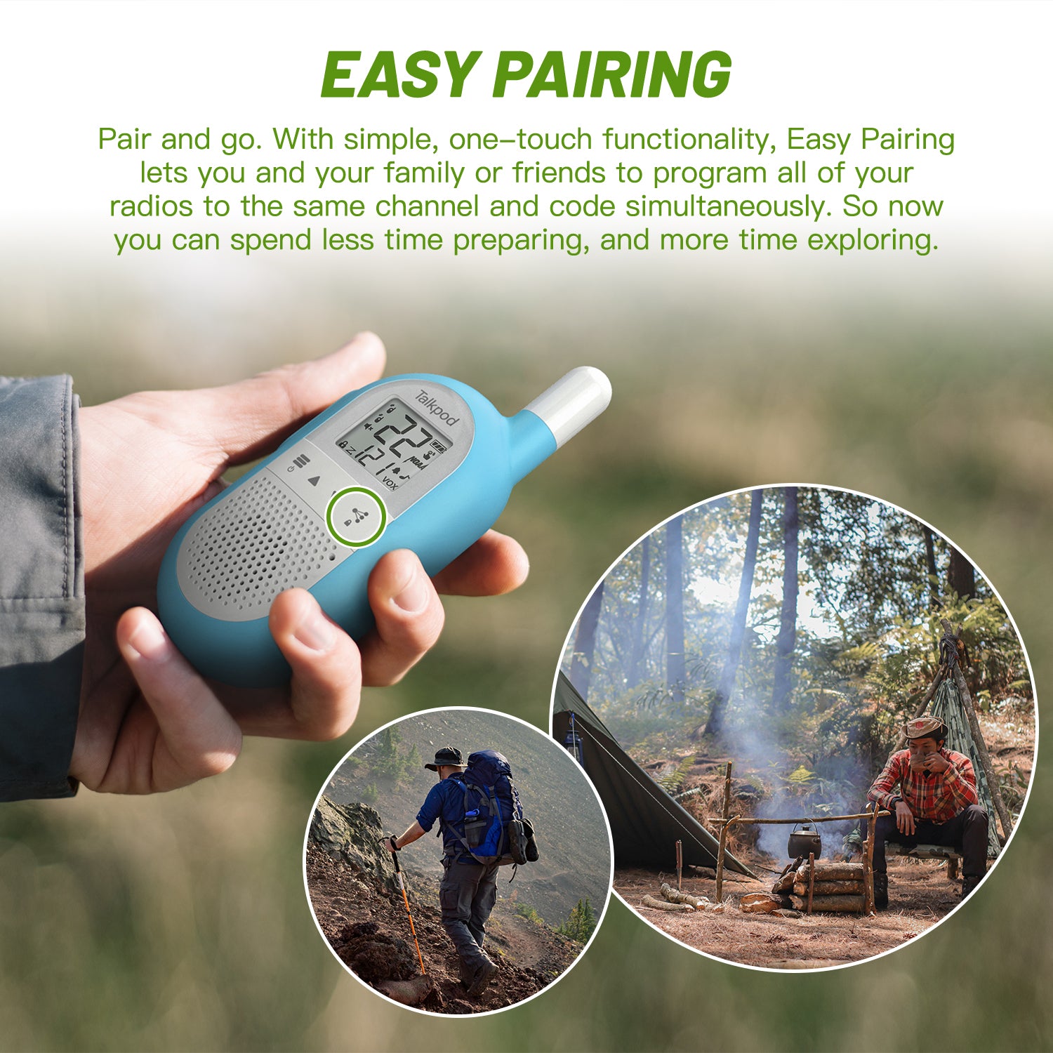 Talkpod F40 FRS Family Walkie Talkies (Dual Pack) Bright Blue/Green/Orange and White