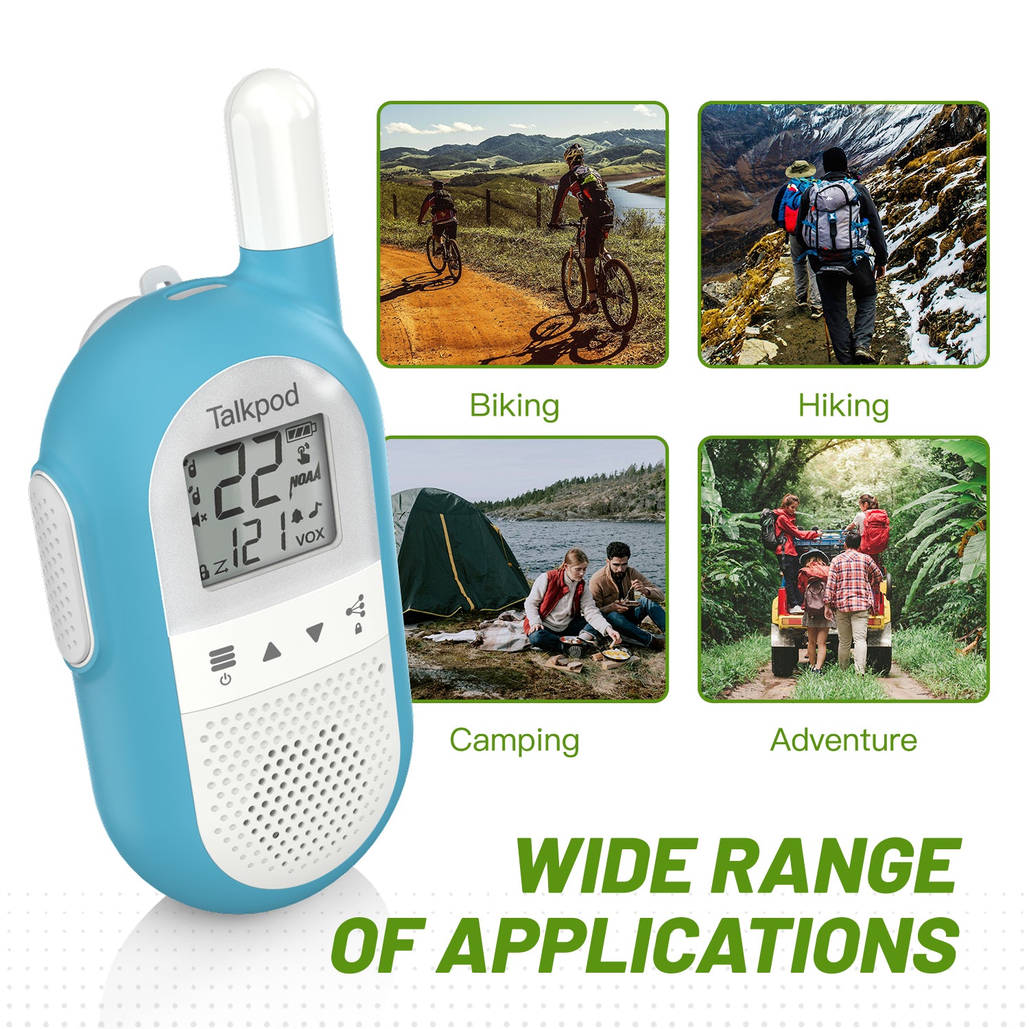 Talkpod F40 FRS Family Walkie Talkies (Dual Pack) Bright Blue/Green/Orange and White