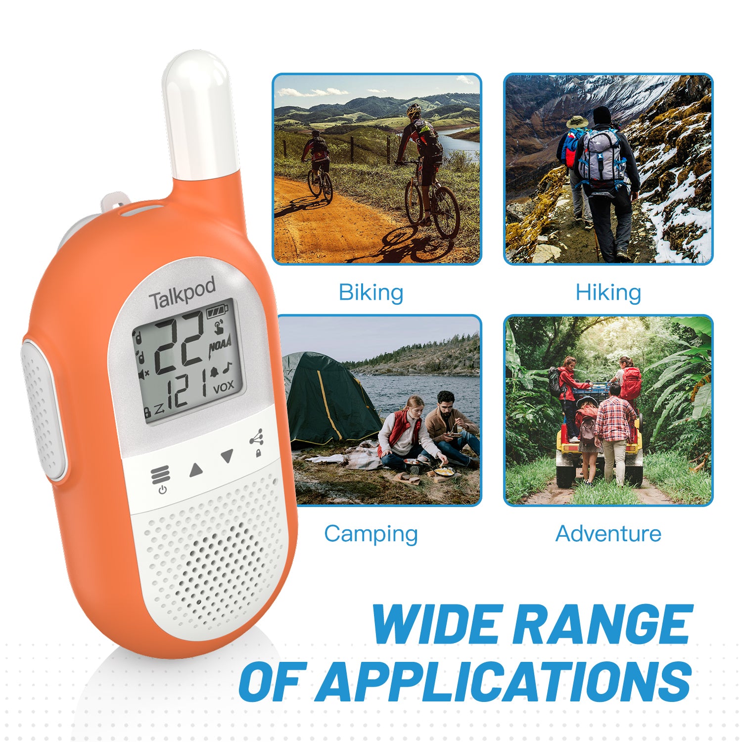 Talkpod F40 FRS Family Walkie Talkies (Triple Pack) Bright Blue/Green/Orange and White
