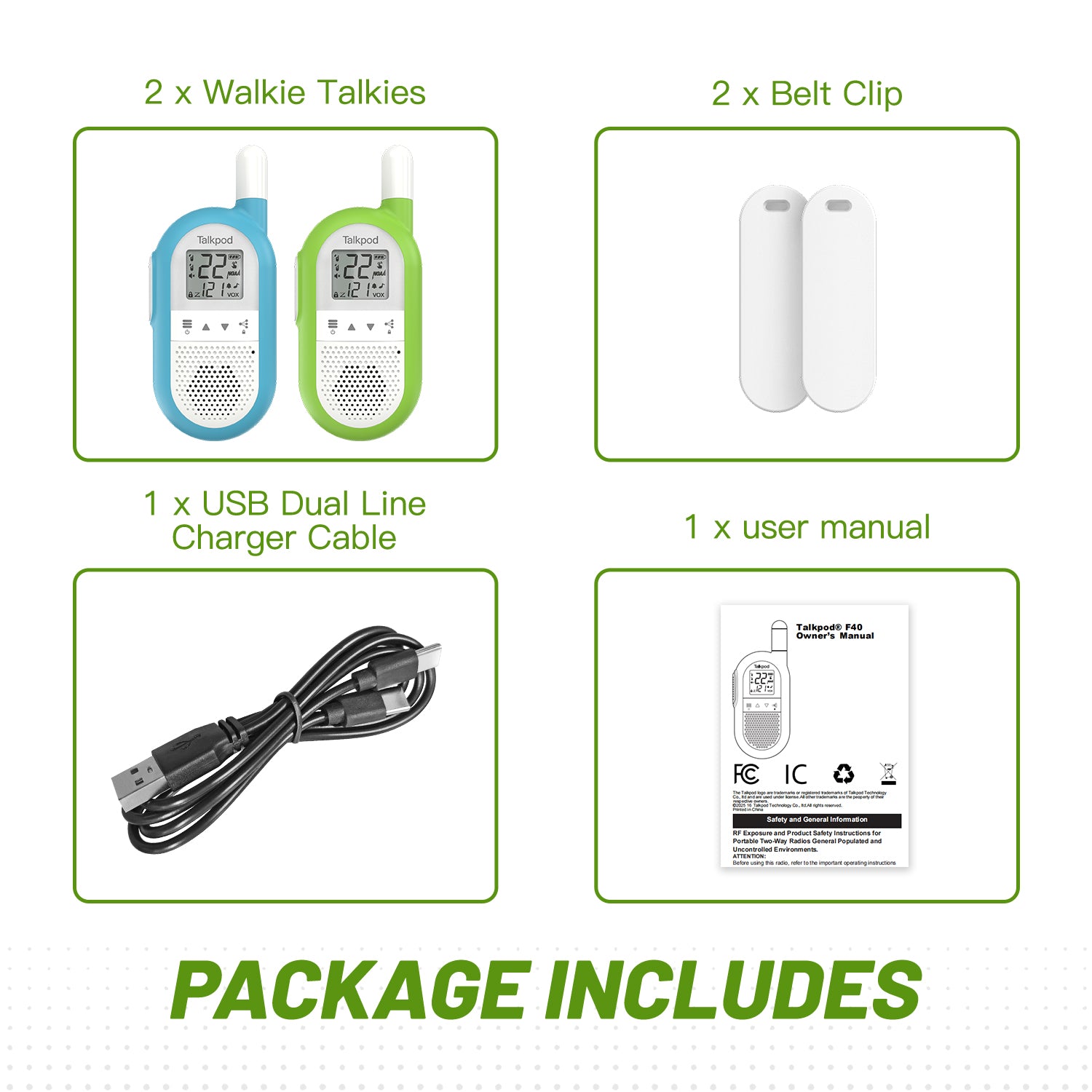 Talkpod F40 FRS Family Walkie Talkies (Dual Pack) Bright Blue/Green/Orange and White