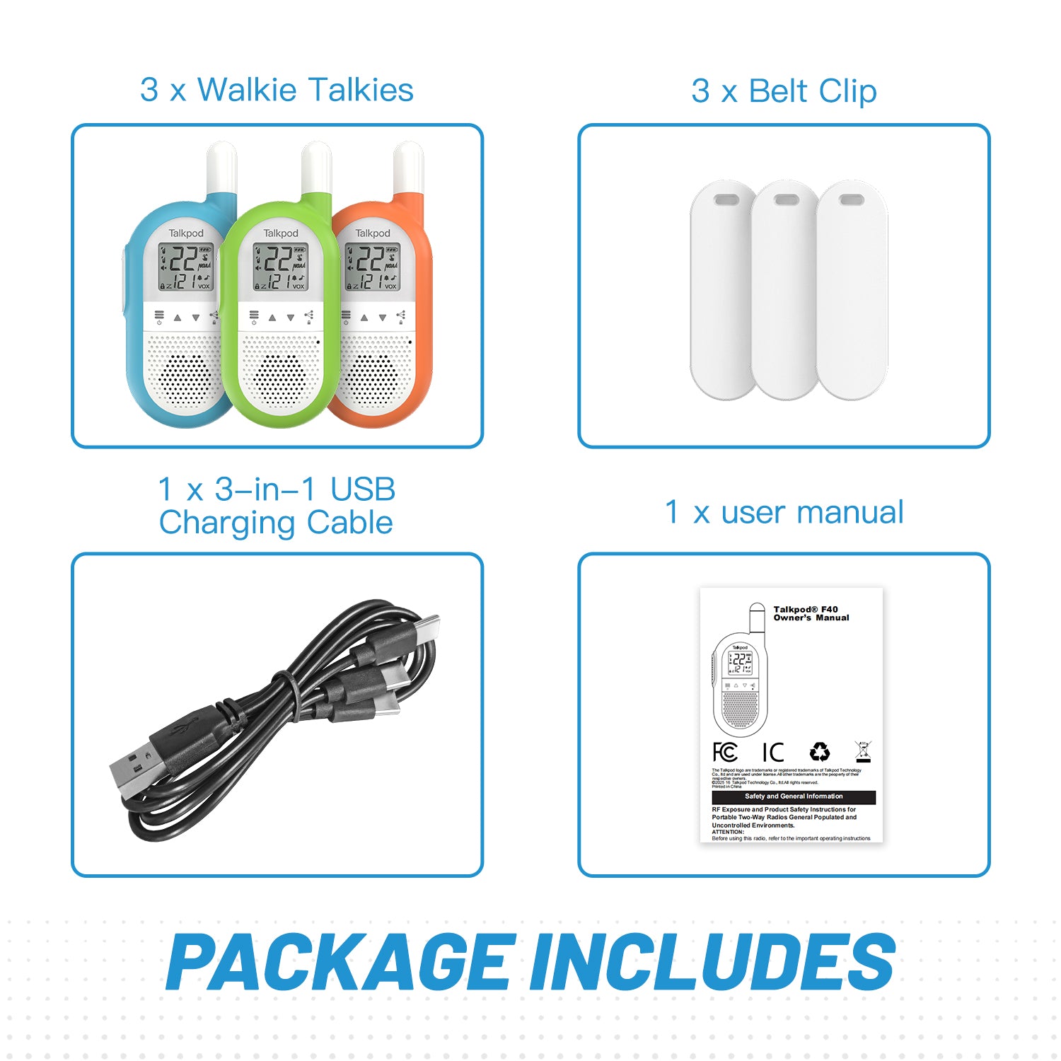 Talkpod F40 FRS Family Walkie Talkies (Triple Pack) Bright Blue/Green/Orange and White